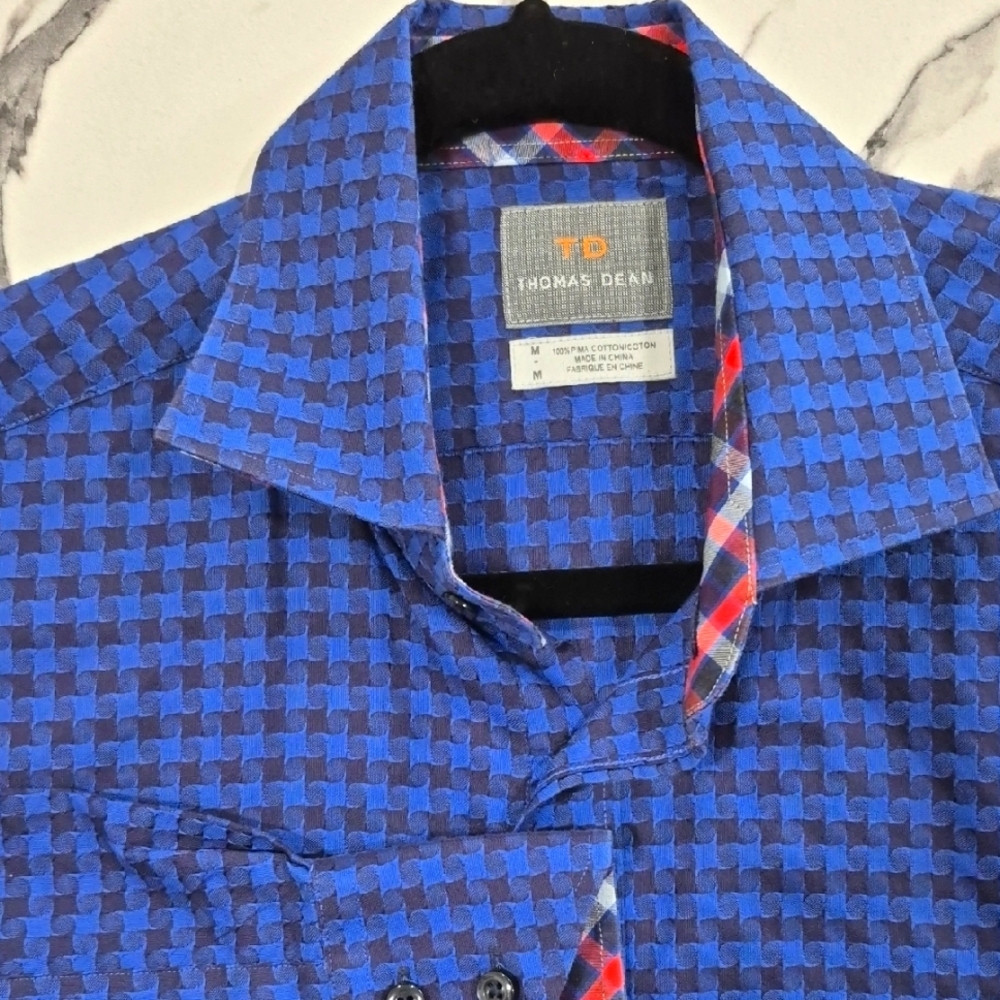 EUC Thomas Dean Button Down Shirt Cobalt Blue & Black Houndstooth, Medium